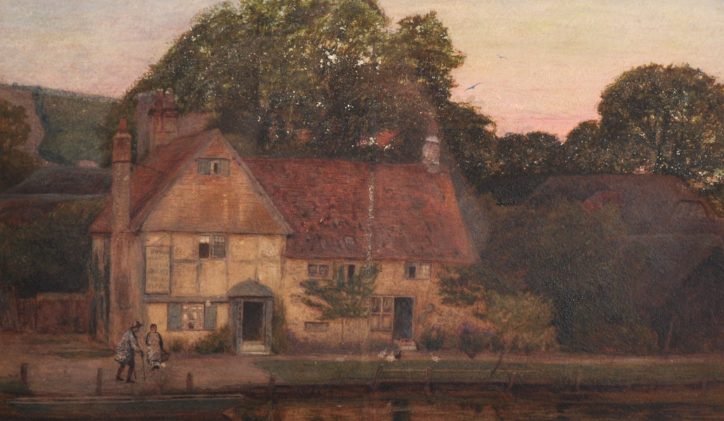 Circle of George Price Boyce (1826-1897) British. A Canal Side Cottage, with Figures, Watercolour,