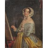 19th Century English School. Self Portrait of an Artist, at Her Easel, Oil on Board, 10" x 8".