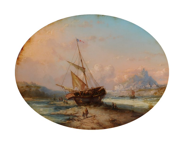 19th Century English School. A Beach Scene, with Figures by a Boat in the foreground, Oil on Paper