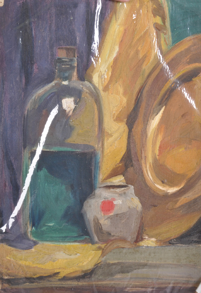 20th Century English School. Still Life with a Bottle and a Jar, Oil on Paper, Indistinctly Signed