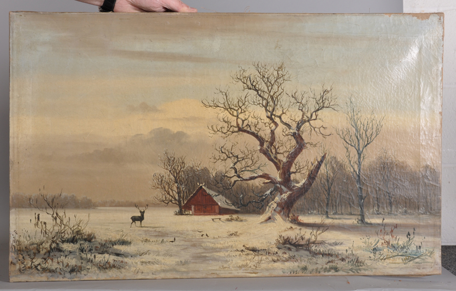 Charles Georges (19th -20th Century) European. A Snow Covered Winter Landscape, with a Deer, Oil - Image 2 of 5