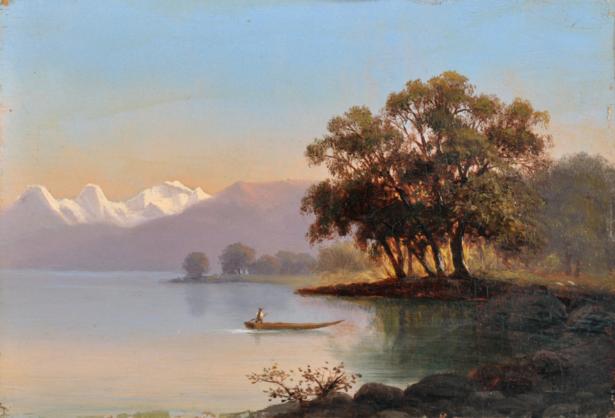 Early 20th Century Swiss School. A Mountainous River Landscape, with a Figure in a Boat, Oil on