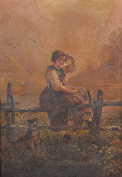 19th Century English School. A Young Girl, Sitting on a Fence, with a Dog beside her, Oil on Canvas,