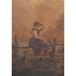 19th Century English School. A Young Girl, Sitting on a Fence, with a Dog beside her, Oil on Canvas,
