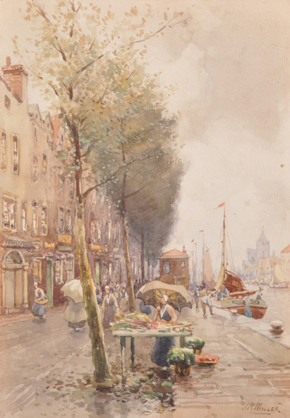 James Robertson Miller (1880-1912) British. "Amsterdam Market", a Dutch Street Scene, Watercolour,