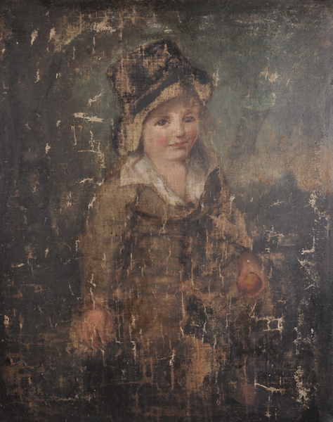 18th Century English School. Study of a Young Boy, Holding an Apple, Oil on Canvas, Unframed, 35.