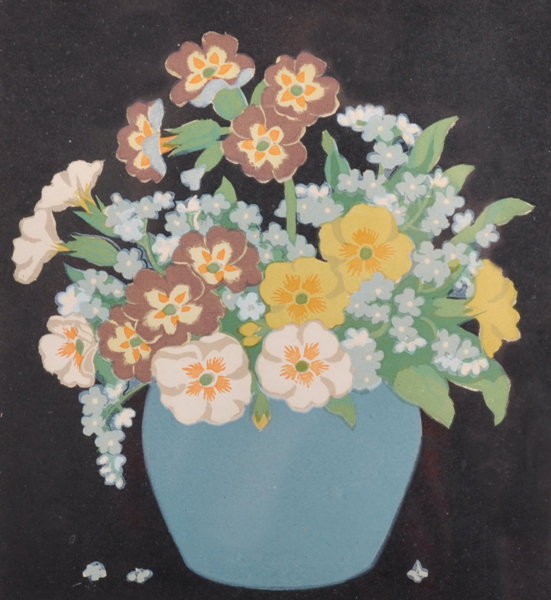 John Hall Thorpe (1874-1947) Australian. "Primulas and Forget-me-Nots", Woodcut in Colours, Signed