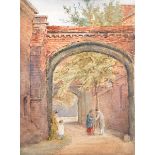 19th Century English School. A Street Scene, with Figures by an Archway, Watercolour, Unframed, 6" x