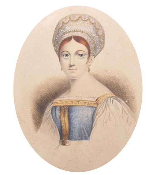 19th Century European School. Portrait of a Lady in Costume, Watercolour, Oval, Unframed, 12" x 9.