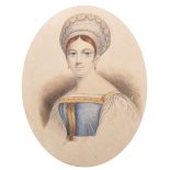 19th Century European School. Portrait of a Lady in Costume, Watercolour, Oval, Unframed, 12" x 9.