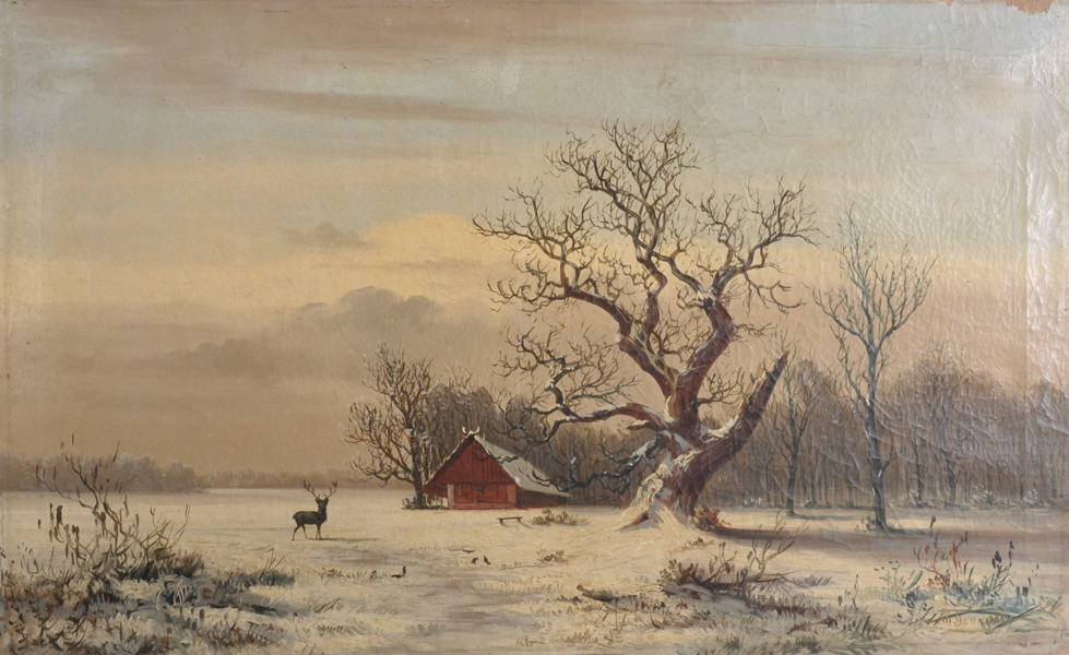 Charles Georges (19th -20th Century) European. A Snow Covered Winter Landscape, with a Deer, Oil