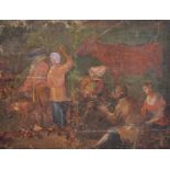 18th Century English School. Figures and a Cow, Oil on Canvas laid down, Unframed, 12.25" x 15.