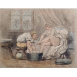 Attributed to Thomas Rowlandson (1756-1827) British. "Washing Trotters", Interior with Two