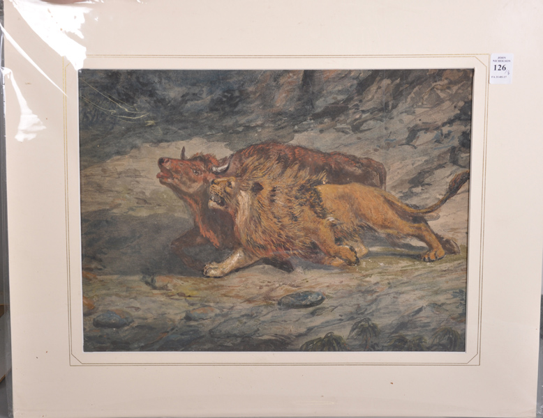 19th Century English School. A Lion Attacking a Bull, Mixed Media, Unframed, 12" x 17.75", - Image 2 of 9