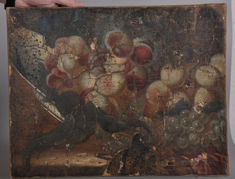 18th Century Italian School. Still Life of Fruit on a Ledge, Oil on Canvas, Unframed, 15" x 19", - Image 2 of 9