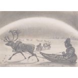 Manner of Cornelius David Krieghoff (1815-1872) Dutch/Canadian. A Deer Pulling a Man in a Sleigh,