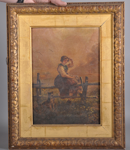 19th Century English School. A Young Girl, Sitting on a Fence, with a Dog beside her, Oil on Canvas, - Image 2 of 4