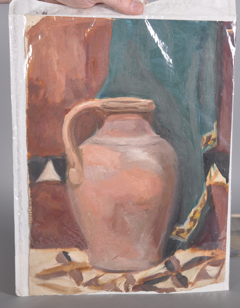 20th Century English School. Still Life with a Bottle and a Jar, Oil on Paper, Indistinctly Signed - Image 3 of 4