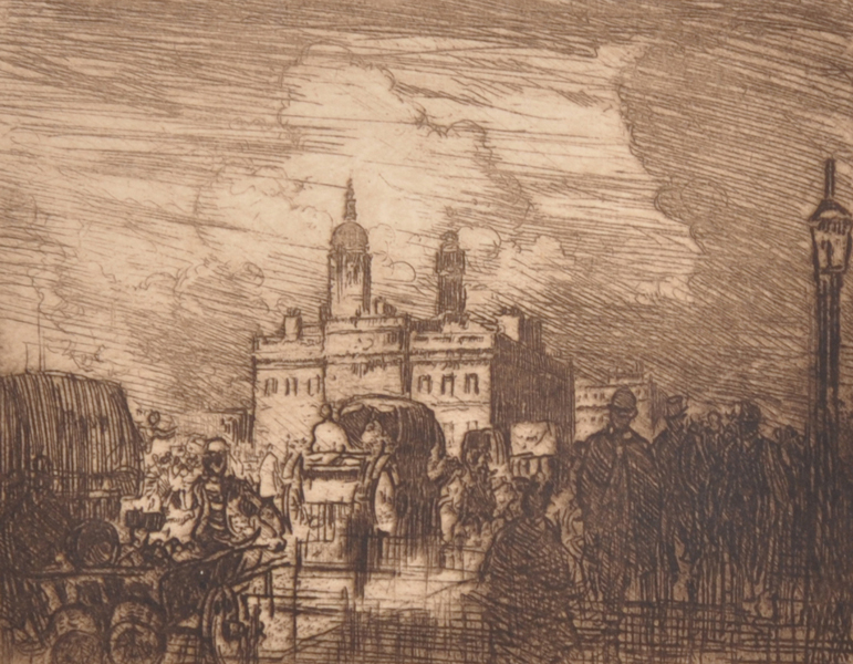 Frank Brangwyn (1867-1956) British. A Street Scene with Figures and Carriages, Etching, Signed in