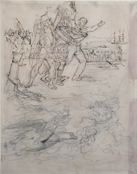 Circle of William Simpson (1823-1899) British. A Military Scene, with Soldiers and Sailors, Pen, Ink