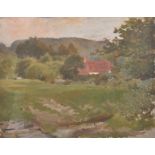 20th Century English School. A Landscape with a distant Cottage, Oil on Board, Unframed, 12" x 15.