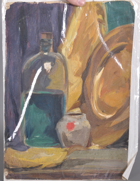 20th Century English School. Still Life with a Bottle and a Jar, Oil on Paper, Indistinctly Signed - Image 2 of 4