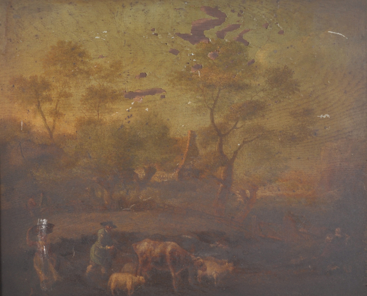 19th Century Dutch School. A Drover and Cattle in a Landscape, With a Lady Carrying a Basket on