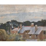 Harry Bush (1883-1957) British. A Landscape, with Rooftops, Oil on Unstretched Canvas, 9.5" x 11.