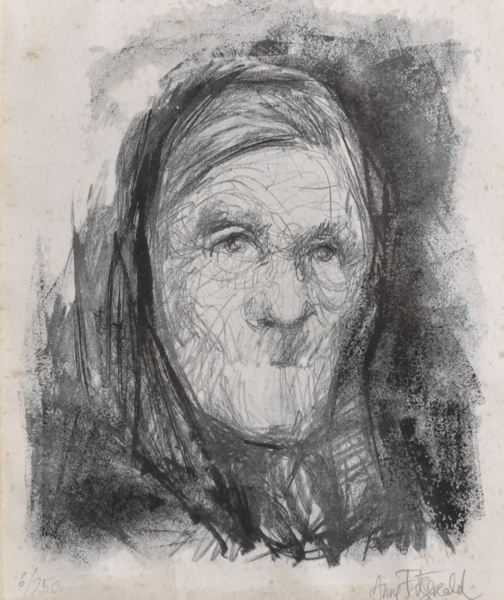 Anne Fitzgerald (20th Century) British. Head of an Old Woman, Lithograph, Signed and numbered 6/