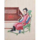 19th Century Chinese School. A Seated Lady in a Green Chair, Mixed Media on Rice Paper, Unframed,