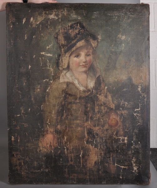 18th Century English School. Study of a Young Boy, Holding an Apple, Oil on Canvas, Unframed, 35. - Image 2 of 3