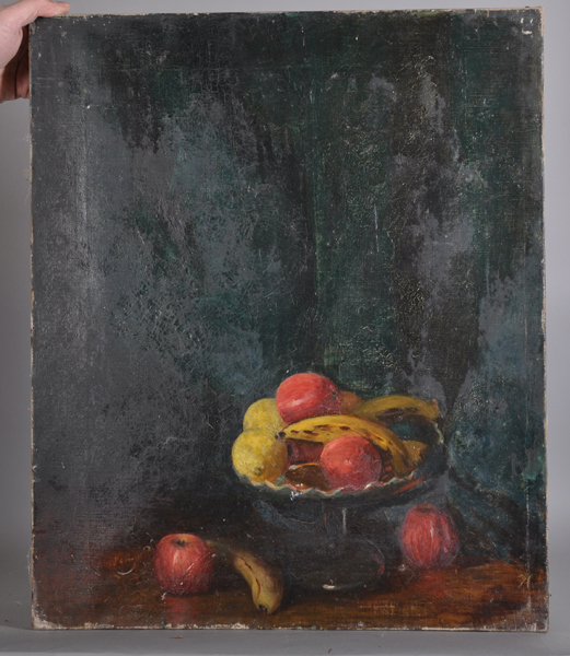 20th Century English School. Still Life of Fruit in a Green Bowl, Oil on Canvas, Unframed, 24" x - Image 2 of 5