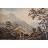 18th Century English School. A Mountainous River Landscape, with a Stone Bridge, Watercolour, 13.