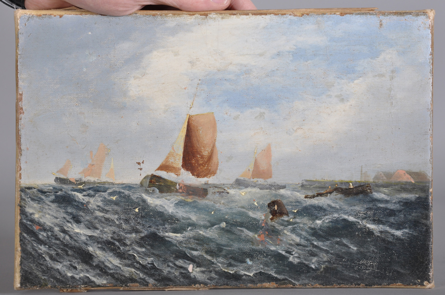 Attributed to George Knight (19th Century) British. A Shipping Scene, Oil on Canvas, Unframed, 8" - Image 2 of 5