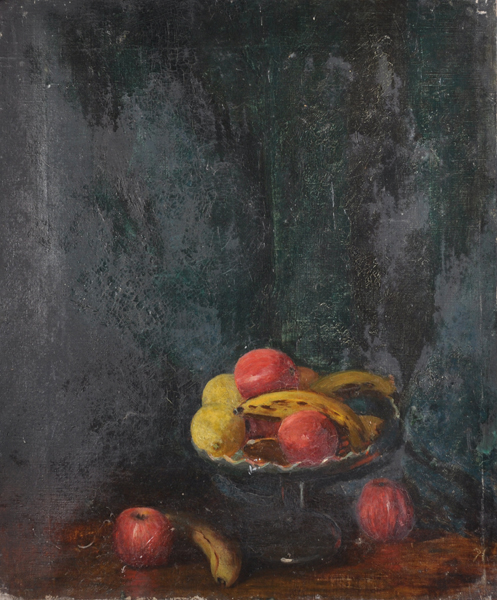 20th Century English School. Still Life of Fruit in a Green Bowl, Oil on Canvas, Unframed, 24" x