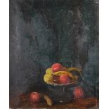20th Century English School. Still Life of Fruit in a Green Bowl, Oil on Canvas, Unframed, 24" x