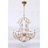 A DECORATIVE WROUGHT BRONZED METAL AND MOULDED GLASS SIX BRANCH CHANDELIER. 3ft 0ins high x 2ft 4ins