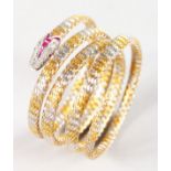 A SUPERB TWO-COLOUR GOLD SNAKE BRACELET with diamond and sapphire head, 48gms.