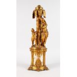 A 19TH CENTURY FRENCH GILT BRONZE LAMP, as a boy and mother standing beneath a palm tree, on a