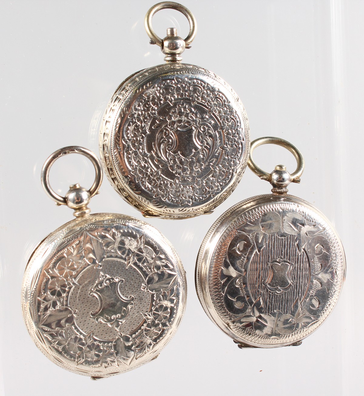 THREE ENGRAVED SILVER FOB WATCHES. - Image 2 of 2