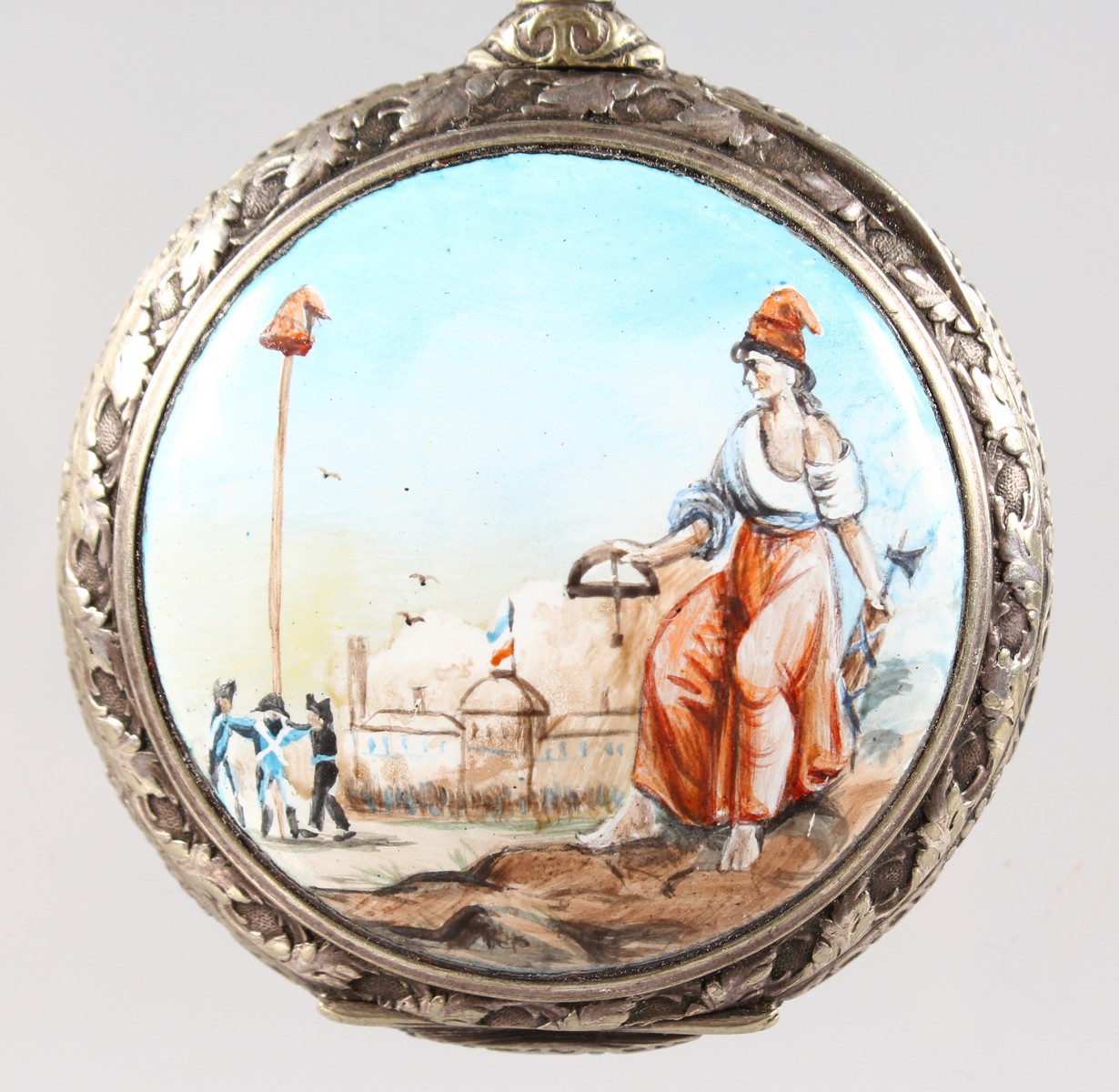 A SILVER AND BLACK ENAMEL BACKED POCKET WATCH, classical scene. - Image 2 of 3