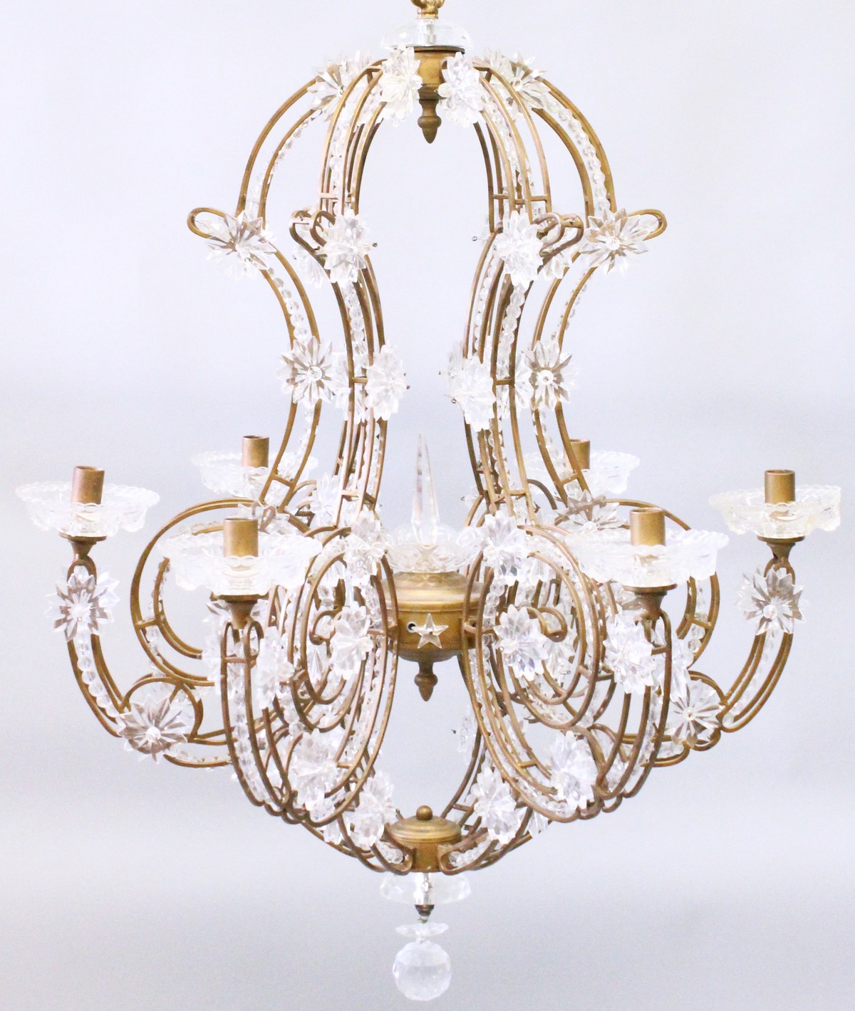 A DECORATIVE WROUGHT BRONZED METAL AND MOULDED GLASS SIX BRANCH CHANDELIER. 3ft 0ins high x 2ft 4ins - Image 2 of 2