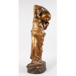 A GOOD GOLDSCHEIDER TERRACOTTA FIGURE OF A YOUNG CLASSICAL SEMI CLAD FEMALE FIGURE, carrying a large