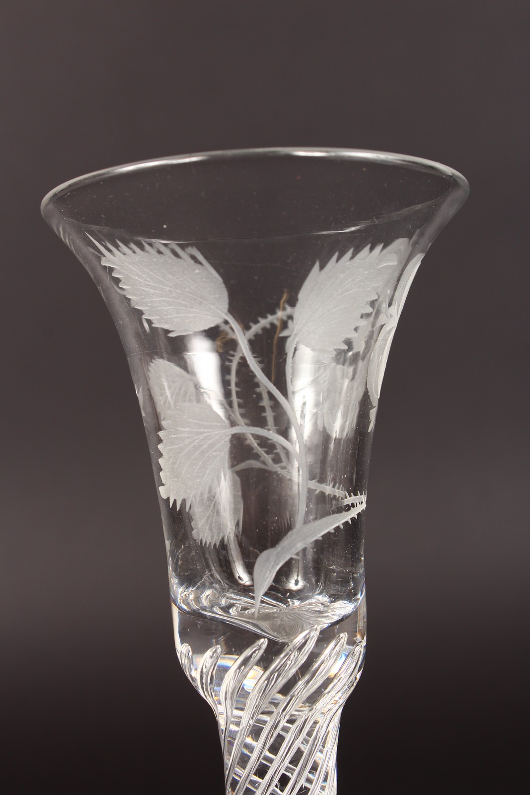 A JACOBITE WINE GLASS, the bowl engraved with six petal rose, with air twist stem. 6ins high. - Image 4 of 5