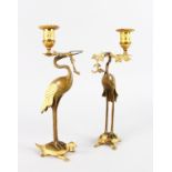 A GOOD PAIR OF GILDED AND BRONZE STORK CANDLESTICKS, formed as a stork on a turtles back. 11.5ins