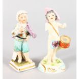 TWO SMALL GERMAN PORCELAIN FIGURES, Boy with Drum and Boy with Cape. 4ins high.