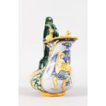 AN ITALIAN MAJOLICA SHAPED JUG painted with a classical scene. 10ins high.