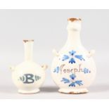 TWO 18TH CENTURY TIN GLAZE JUGLETS, JOSEPH AND BOY. 8ins and 5.5ins high.