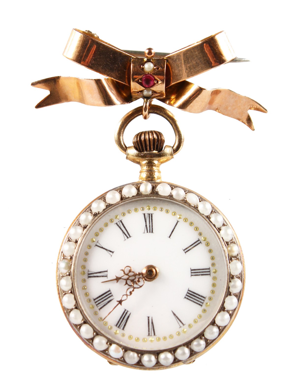 A LADIES GOLD FOB WATCH surrounded by seed pearls with gold bow brooch.