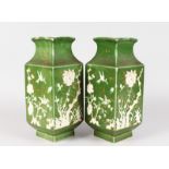 A PAIR OF, POSSIBLY RUSSIAN, PATE SUR PATE TYPE SQUARE VASES, green ground with masks, ivy, birds